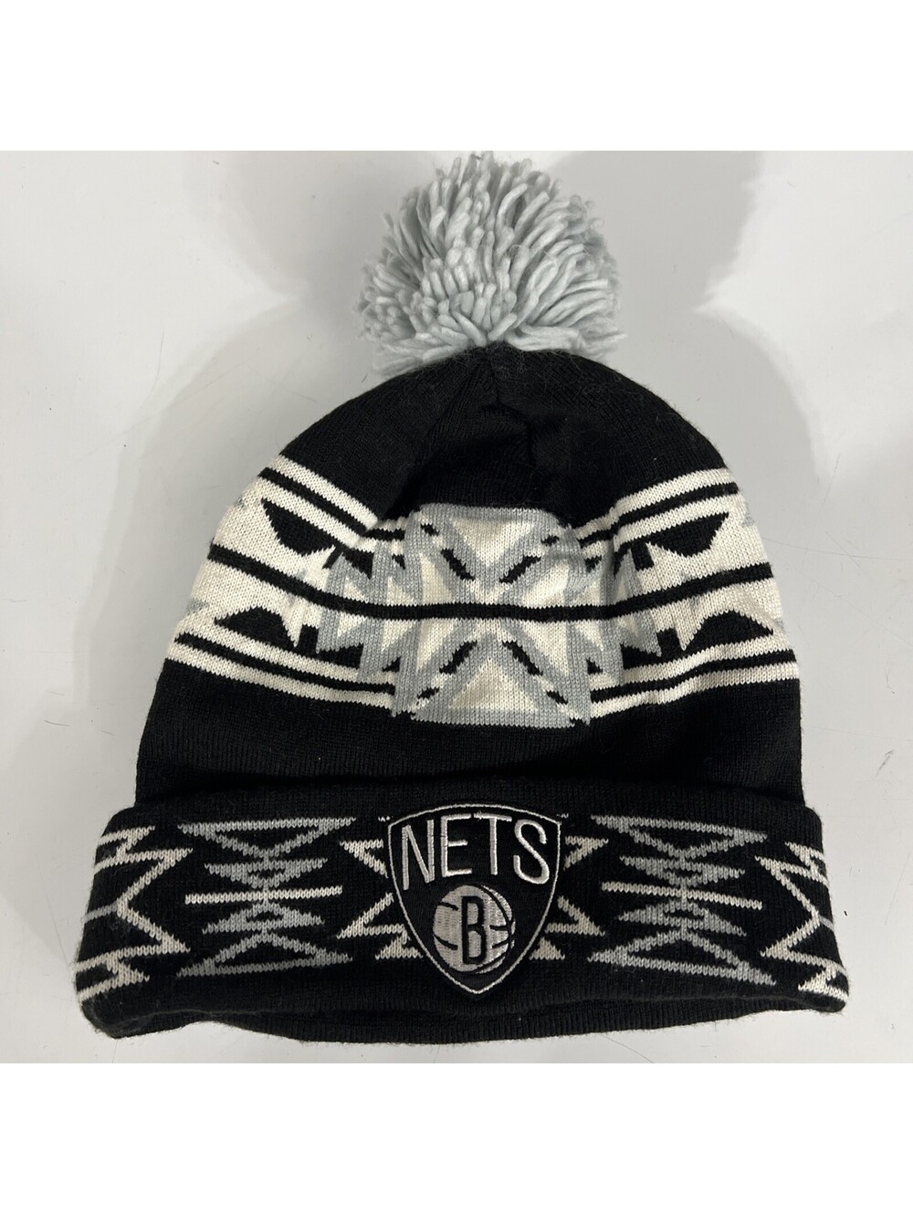 BROOKLYN NETS CUFFED KNIT BEANIE HAT TOQUE GEO TECH BLACK MITCHELL AND NESS NEW